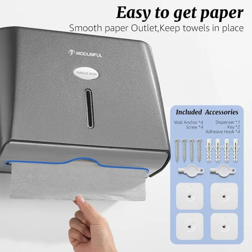 Miniatura 5 de Modunful Dispensador de toallas de papel montado en la pared, sin contacto, sin taladro, de alta capacidad, plegado en Z, plegable, multipliegue