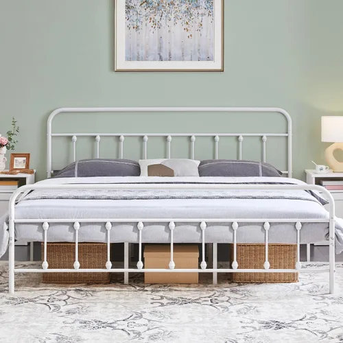 Miniatura 17 de Yaheetech Base de cama clásica de metal con base de colchón con estilo victoriano, cabecera, estribo, almacenamiento debajo de la cama, no necesita