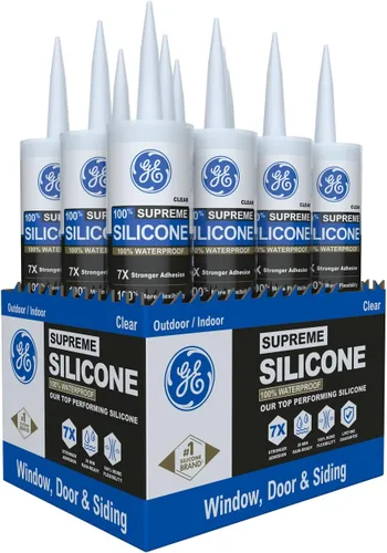 GE Supreme - Calafateo de silicona para ventana y puerta, transparente, cartucho de 10 onzas líquidas, paquete de 12 – Sellador de silicona 100%