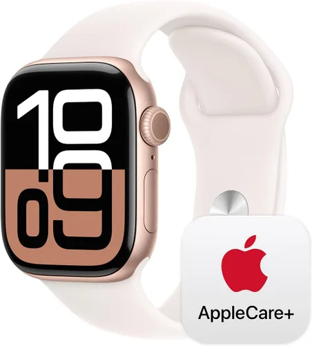 Apple Watch Series 10 (42 mm, GPS) con caja de aluminio oro rosa, correa deportiva rosa rubor, S/M monitor fitness, app ECG, pantalla Retina siempre