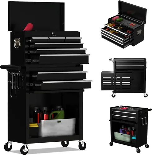 Cofre de herramientas rodante de alta capacidad de 8 cajones, caja de herramientas de almacenamiento extraíble con ruedas y cajones, caja de Negro