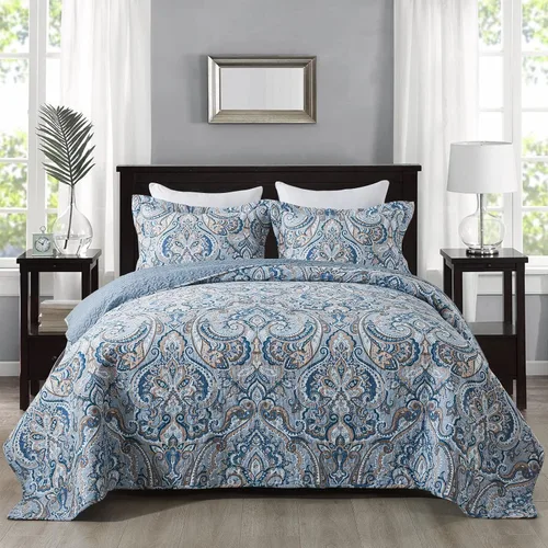 Miniatura 12 de NEWLAKE - Juego de cubrecama reversible de microfibra bordada con patrón floral en relieve en jacquard beige, tamaño queen