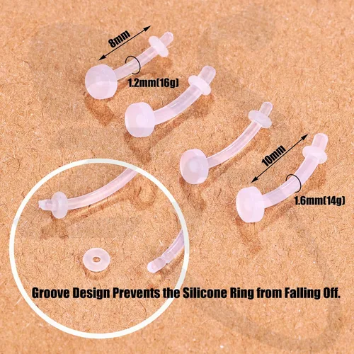Miniatura 4 de ZS 4 pares de piercings de cejas transparentes de 16G y 14G, retenedores de plástico para el vientre y labios, aretes de acrílico Bioflex Daith Rook
