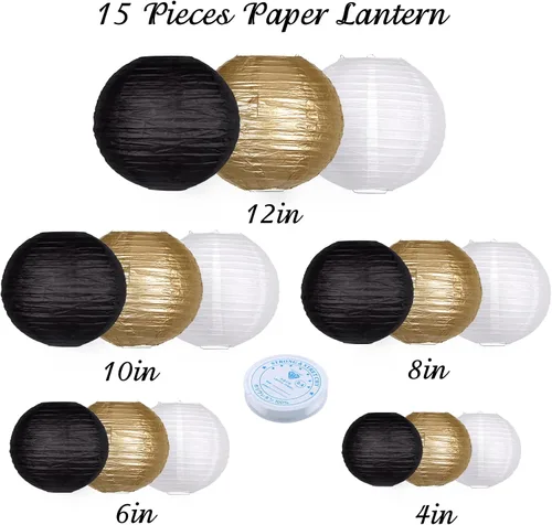 Miniatura 6 de 15 linternas de papel negras y doradas, redondas, colgantes, chinas, de 4, 6, 8, 10, 12 pulgadas, para despedida de soltera, compromiso, boda, bebé