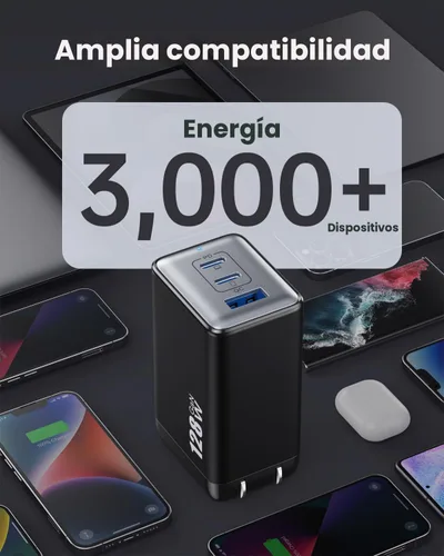 Miniatura 4 de Cargador de pared USB C de 128 W, estación de carga rápida de 3 puertos GaN III, bloque de cargador plegable PD QC, adaptador portátil de 65 W