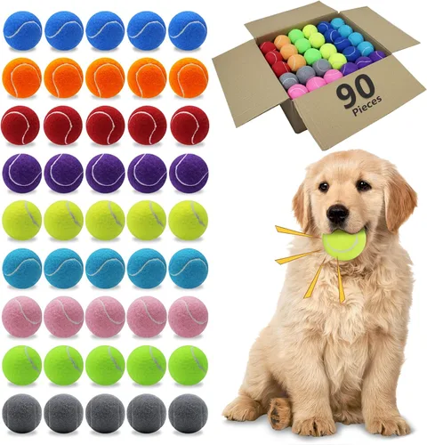 Miniatura 10 de Magicorange Pelotas de tenis para perros, paquete de 90 pelotas de 6.35 cm con sonido para ejercicio de búsqueda, pelota de goma natural