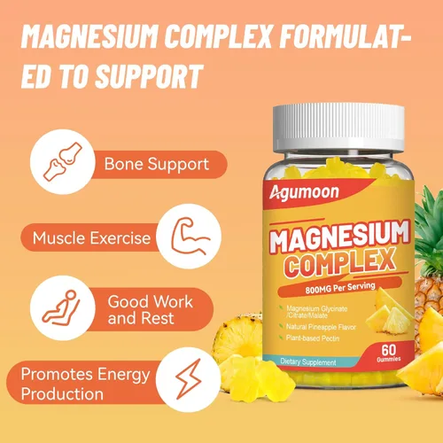 Miniatura 6 de Gomitas complejas de magnesio de 800 mg con zinc y vitaminas B6, B12, C, D3, 60 gomitas de piña, glicinato de alta absorción, citrato, malato, sin