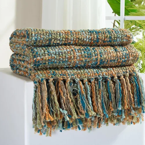 Miniatura 19 de Manta Throw de Punto de Cable Verde Multicolor para Sofá, 50"X60" Manta Texturizada Estilo Bohemio para Decoración del Hogar, Manta de Punto Grueso