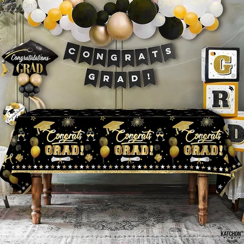 Miniatura 3 de KatchOn Mantel de graduación extragrande de 54 x 108 pulgadas, paquete de 3, decoraciones de graduación 2026, mantel de graduación negro y dorado