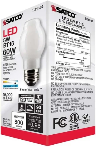 Miniatura 8 de Satco S21339 BT15 - Bombilla LED de filamento de 8 W, 120 V, acabado blanco, luz diurna de 5000 K, 800 lúmenes, base media E26, regulable, ubicación