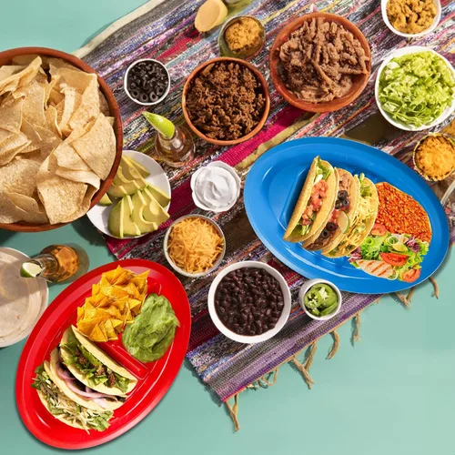 Miniatura 5 de Bekith Paquete de 10 platos de plástico para tacos para fiestas, soporte grande para tacos con 2 áreas de inmersión, divisor de pie para 3 tacos