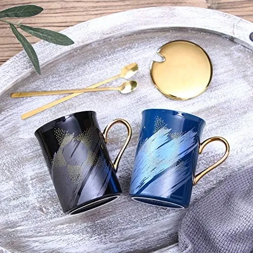 Miniatura 2 de Taza de café de cerámica. Diseño novedoso y moderno con mango dorado y taza de colores brillantes. Taza de té para vajilla de cocina y desayuno Negro