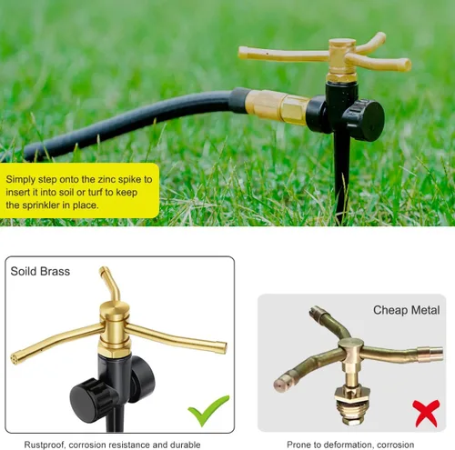 Miniatura 4 de FANHAO Paquete de 2 aspersores de metal para patio con base de pico, rociador de agua de 3 brazos, sistema de rociadores de jardín rotativos
