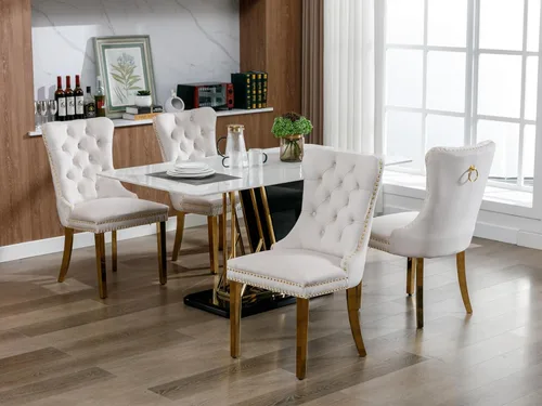 Miniatura 2 de Juego de 6 sillas de comedor de terciopelo, sillas tapizadas con respaldo alto capitoné con ribete de cabeza de clavo y anillo de tracción, patas
