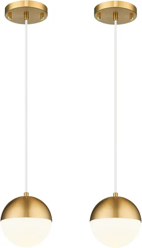 LMS Luces colgantes de mediados de siglo, accesorios de iluminación de isla de cocina de oro cepillado con pantalla de vidrio de globo blanco, cable