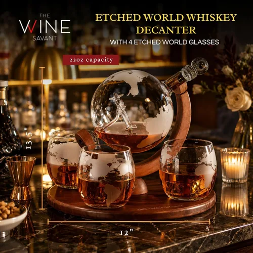Miniatura 2 de Decantador del mundo grabado con globo de whisky, juego de regalo de whisky The Wine Savant con avión antiguo, piedras de whisky y 4 vasos de mapa