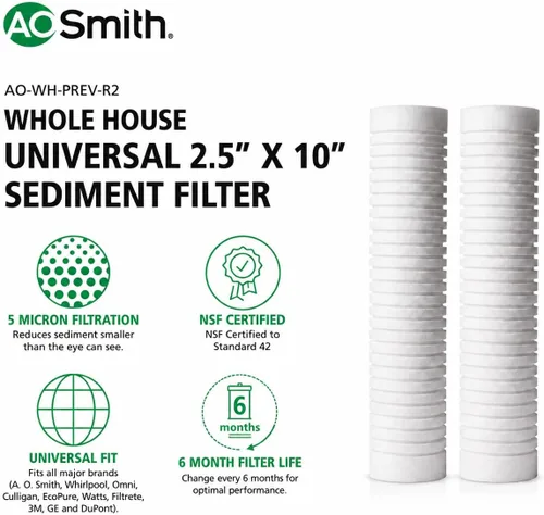 Miniatura 2 de AO Smith AO-WH-PREV-R2 - Cartucho de repuesto para filtro de agua de sedimentos de 5 micrones, 2.5 x 10 pulgadas, paquete de 2, para sistemas