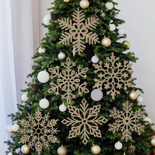 6 copos de nieve grandes de color dorado champán, copos de nieve colgantes con purpurina de plástico de 12 pulgadas para decoración de árbol de