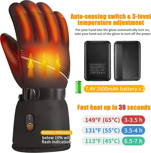 Miniatura 2 de Orznez Guantes calefactables, guantes de invierno para hombres y mujeres con 2 baterías de 2600 mAh, guantes térmicos impermeables para clima frío