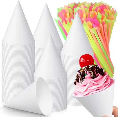 Eaasty 200 tazas de cono de nieve y pajitas, cucharas de 4.5 onzas, popotes de papel desechables, cuchara de paja para aguanieve, helado afeitado,