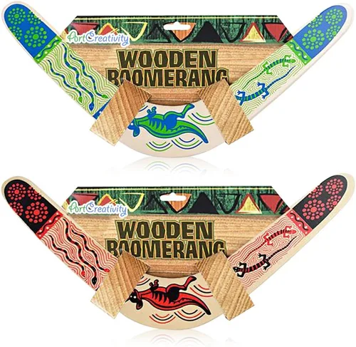Miniatura 7 de ArtCreativity Boomerang de madera, juego de 2, boomerang clásico de retorno para niños con obras de arte coloridas, boomerangs para adultos
