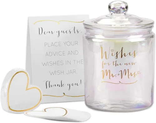Miniatura 2 de Kate Aspen Tarro iridiscente de deseos de boda con 100 tarjetas en forma de corazón, libro de invitados, decoraciones de despedida de soltera