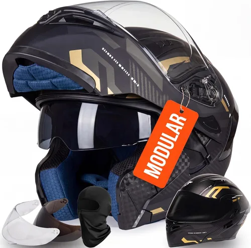 Casco modular para motocicleta FIOEMI | Negro Mediano Grande XL | Visor extra tintado + Máscara de esquí | Casco de cara completa con visera