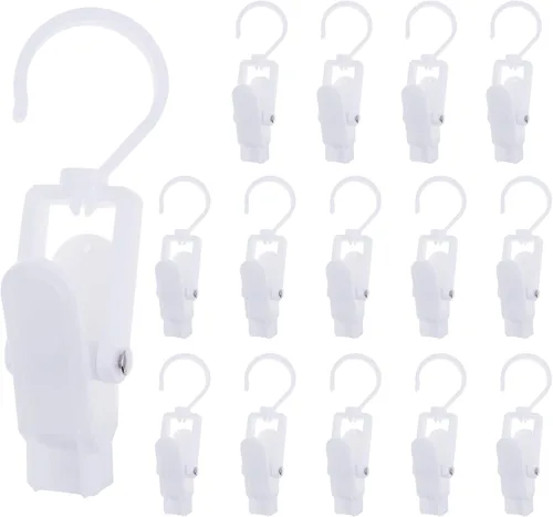15 ganchos giratorios de plástico para colgar la ropa sucia, clips de cortina, color blanco