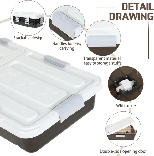 Miniatura 3 de Beeveer Contenedor de plástico para guardar debajo de la cama, 4 unidades, con tapa de doble apertura, asa de rueda, transparente, de gran Marrón