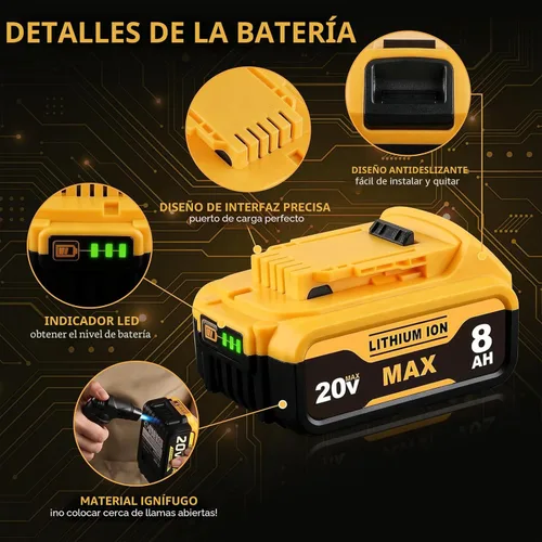 Miniatura 3 de 8.0Ah Compatible con la batería DeWalt 20V Max DCB200 DCB201 DCB180 DCB203 DCB204 DCB206 para herramientas eléctricas sin cable con indicador LED