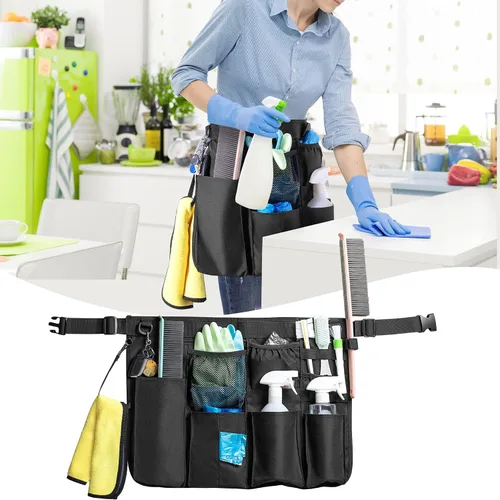 Miniatura 6 de LoDrid Delantal de limpieza para limpieza con 9 bolsillos, bolsa de limpieza con cinturón ajustable, delantal de suministros de limpieza profesional