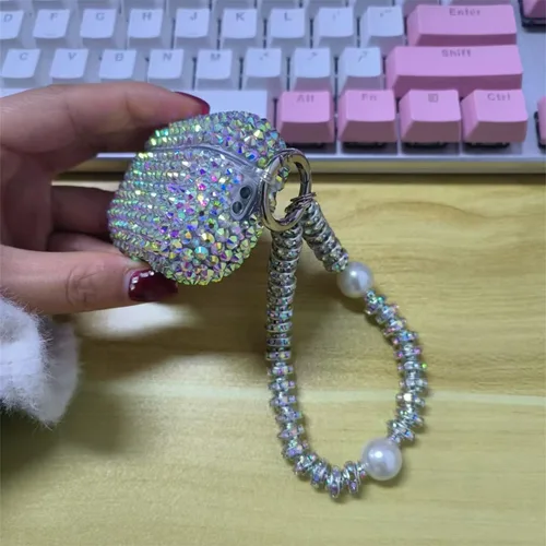 Miniatura 6 de Funda con diseño de diamantes de imitación brillantes con láser para AirPods Pro 2 con pulsera, bonita funda para auriculares con purpurina