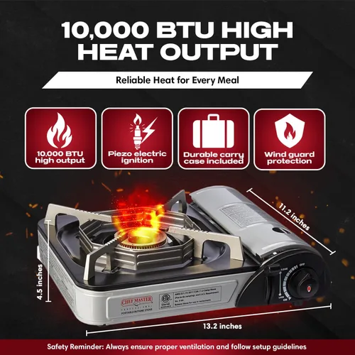 Miniatura 2 de Chef-Master 90011 Estufa de butano para encimera, portátil de 10 000 BTU con funda de transporte, alto rendimiento, encendido piezoeléctrico