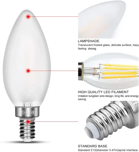 Miniatura 5 de Bombilla LED regulable para candelabro, blanco cálido, equivalente a 2700 K, 40 W, base E12, bombillas LED de vela C35, forma de torpedo de vidrio
