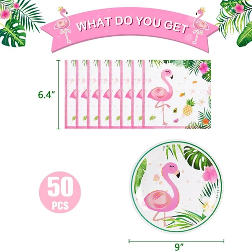 Miniatura 3 de WERNNSAI Juego de platos y servilletas de flamenco, sirve para 50 invitados, 100 piezas, suministros de fiesta hawaiana Luau, juego de vajilla