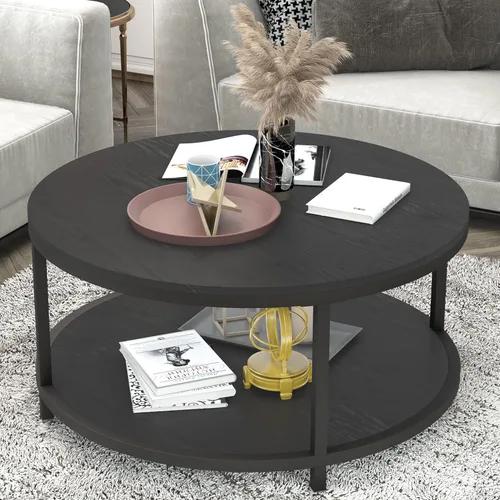 Miniatura 17 de NSdirect Mesa auxiliar redonda de 32 pulgadas para sala de estar, mesa central de madera maciza de 2 niveles para decoración del hogar con estante