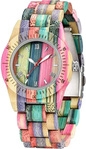 Miniatura 9 de Tiong Reloj de madera para mujer con correa de madera, cuarzo analógico, diseño clásico, colorido reloj de pulsera de bambú para damas, parejas..