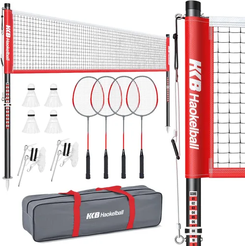 Haokelball Outdoor Badminton Net Set with Anti-Sag Winch System - 20ft Badminton Net, 4 Rackets, 4 Shuttlecocks & Carry Bag, Badminton Set for B-Rojo
