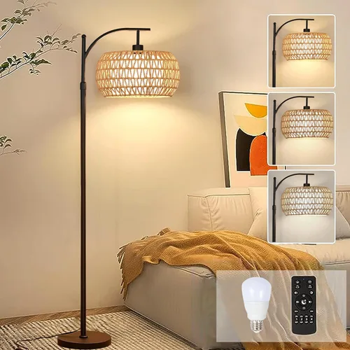 Miniatura 14 de Lámpara de pie dorada para sala de estar con 3 temperaturas de color, lámparas de pie bohemias de arco con control remoto, lámpara de pie de ratán