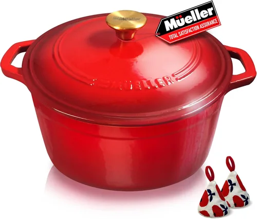 Mueller Horno Holandés de Hierro Fundido Esmaltado de 6 Cuartos, Cazuela y Sartén para Estofar de Servicio Pesado con Tapa y Perilla, Seguro para