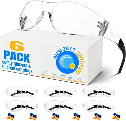 Miniatura 13 de Paquete de 12 lentes de seguridad transparentes para hombres y mujeres – Certificado ANSI Z87.1, 12 tapones de silicona para los oídos (NRR 25 dB)