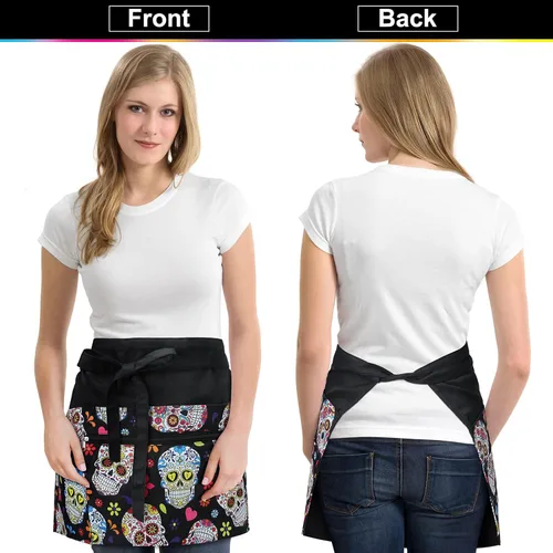 Miniatura 6 de Jetec 2 Pcs Waist Apron with 6 Pockets and Leather Server Book for Waitress Patterned Server Half Apron with Zipper for Women