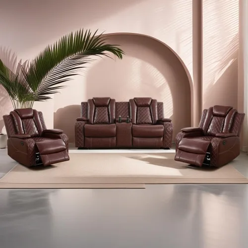 Miniatura 14 de Juego de sillón reclinable eléctrico con luces LED, juego reclinable de cuero sintético con puerto USB/cargador inalámbrico/consola de Borgoña