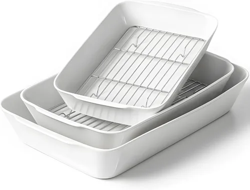Miniatura 11 de HOMBENE - Cacerola blanca de 1.2 cuartos de galón, bandeja para lasaña para horno, utensilios para hornear, pequeña fuente de cerámica para hornear