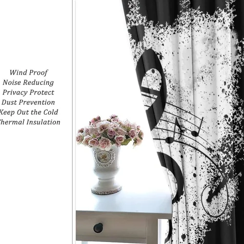 Miniatura 6 de Cortinas opacas de oscurecimiento de habitación con ojales, diseño rústico de símbolos musicales blancos y negros, tratamiento de ventana