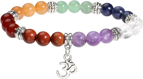 Miniatura 14 de Eigso Pulsera elástica de piedra de cristal de meditación curativa de 7 chakras para mujer con símbolo de loto, yoga, árbol, OM