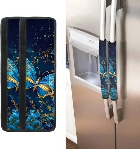 Miniatura 2 de DISNIMO Juego de 2 fundas para manijas de puerta de refrigerador con diseño floral de mariposa azul, protector de decoración de electrodomésticos