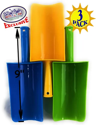 Miniatura 4 de Matty's Toy Stop Paquete de 3 palas de plástico con mango corto para arena y playa (amarillo, azul y verde) para niños de 9 pulgadas