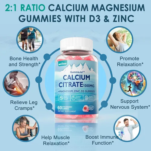 Miniatura 4 de Citrato de calcio Vitamina D3 1000IU Gomitas para mujeres y hombres, complejo de salud ósea sin azúcar con calcio, magnesio, zinc potasio y B6, alta