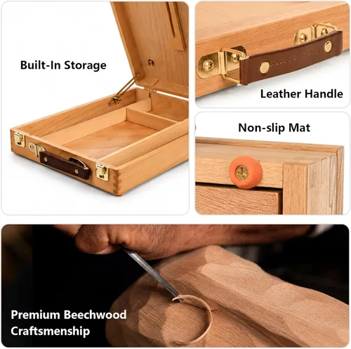 Miniatura 6 de DJAR Caballete de Mesa para Pintura, Caja de Bocetos de Madera de Haya Sólida Ajustable Caballete de Arte de Escritorio, Caja de Almacenamiento